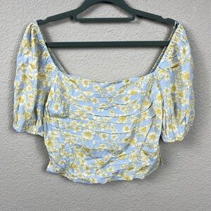 NWT Sophie Rue Floral Daisy Crop Top Puff Sleeve Smocked Blue Yellow Sz M